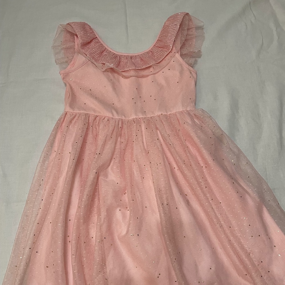 Girls pink party dress with gold sparkle tulle overlay, size L (10/12)